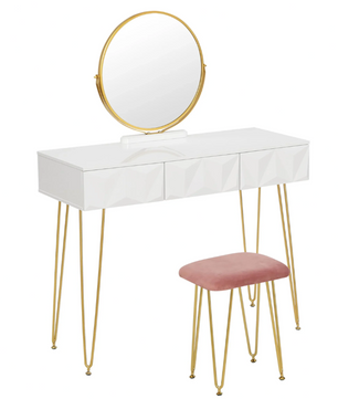 Make-uptafel met 360° Draaibare Spiegel, 3D Lades en Fluwelen Kruk