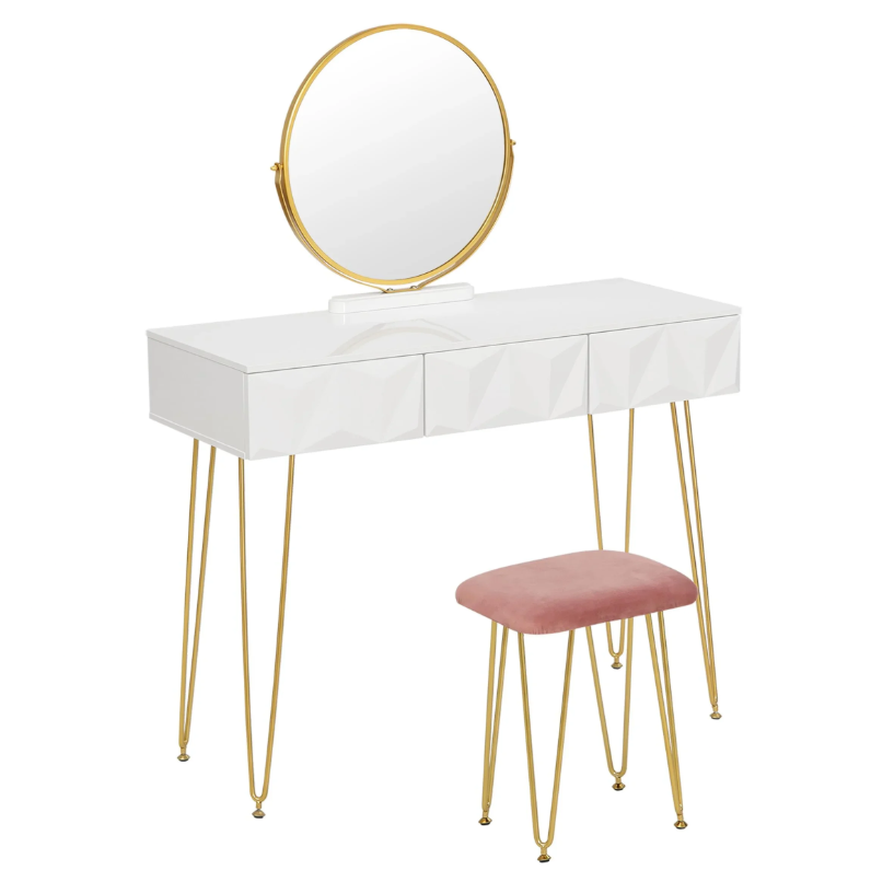 Make-uptafel met 360° Draaibare Spiegel, 3D Lades en Fluwelen Kruk