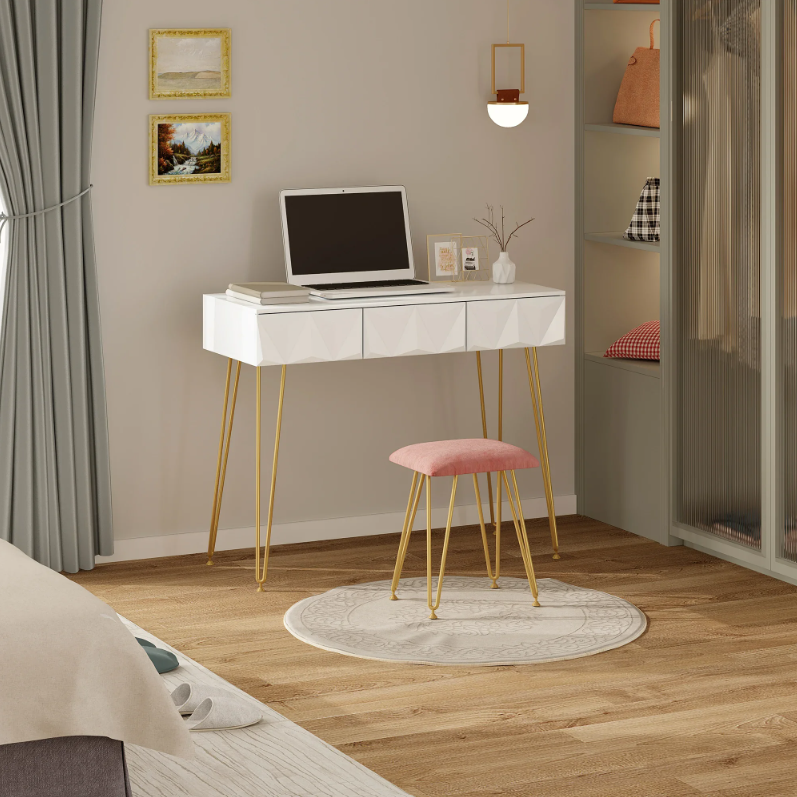 Make-uptafel met 360° Draaibare Spiegel, 3D Lades en Fluwelen Kruk
