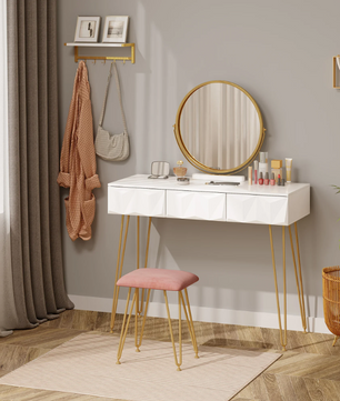 Make-uptafel met 360° Draaibare Spiegel, 3D Lades en Fluwelen Kruk