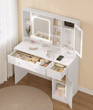 Make-uptafel met LED Spiegel, Sieradenkast, Lades en Opbergvakken