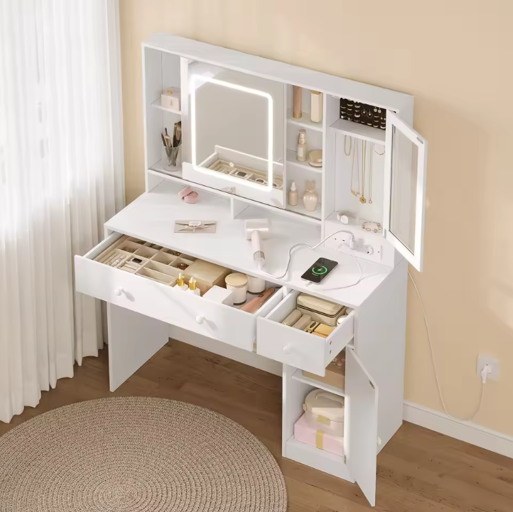 Make-uptafel met LED Spiegel, Sieradenkast, Lades en Opbergvakken