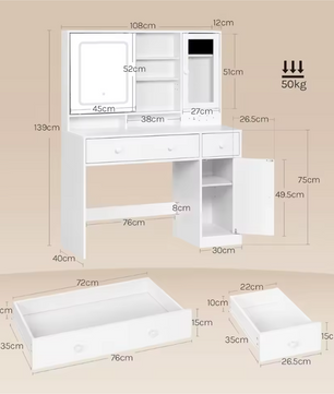 Make-uptafel met LED Spiegel, Sieradenkast, Lades en Opbergvakken