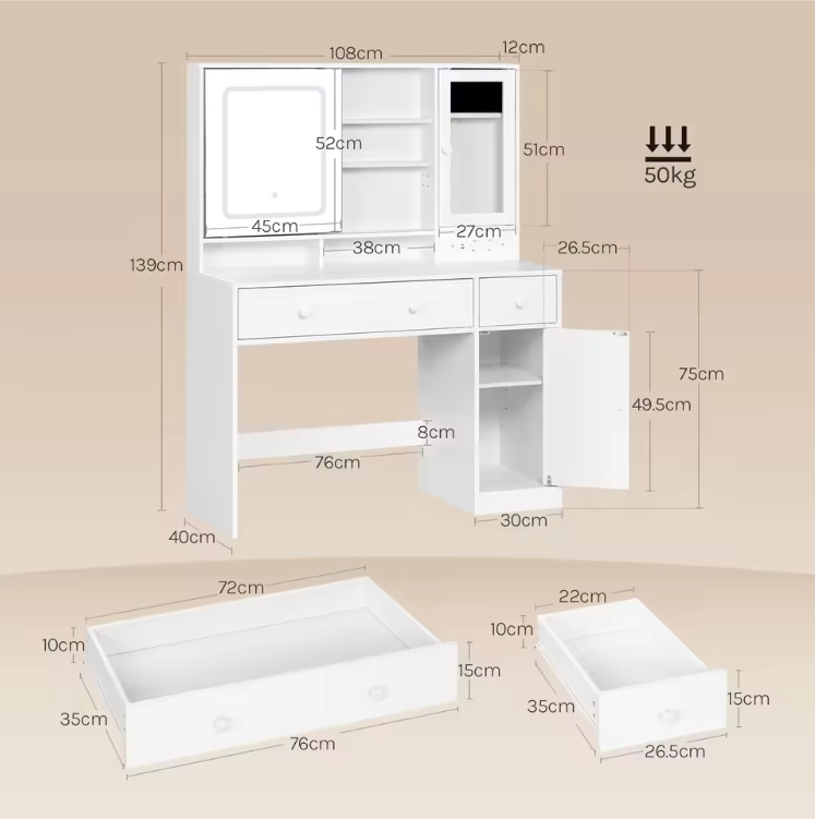 Make-uptafel met LED Spiegel, Sieradenkast, Lades en Opbergvakken