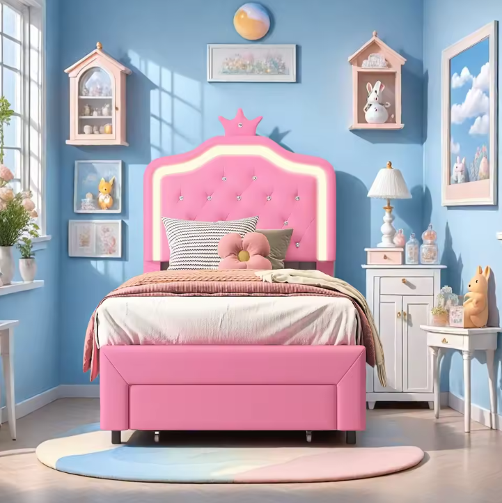 Gestoffeerd Kinderbed met Kroonhoofdbord, LED Verlichting en Opberglades