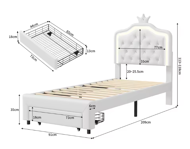 Gestoffeerd Kinderbed met Kroonhoofdbord, LED Verlichting en Opberglades