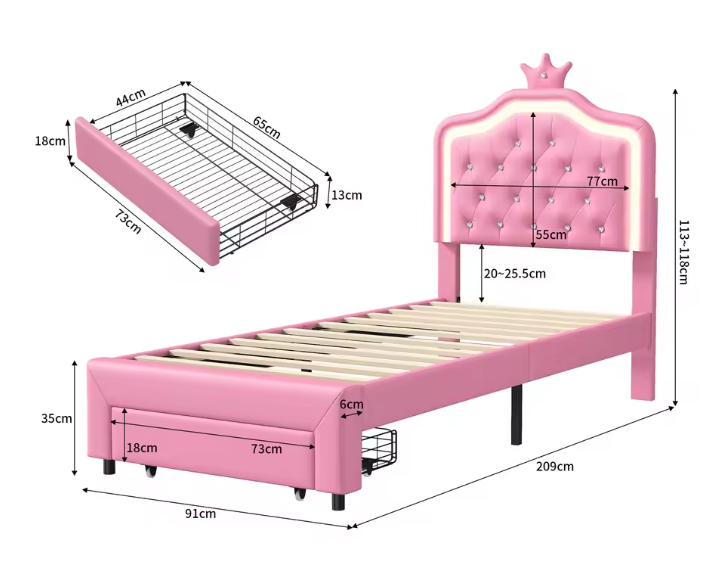Gestoffeerd Kinderbed met Kroonhoofdbord, LED Verlichting en Opberglades