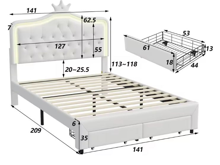 Gestoffeerd Kinderbed met Kroonhoofdbord, LED Verlichting en Opberglades
