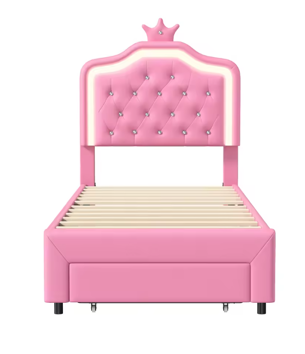 Gestoffeerd Kinderbed met Kroonhoofdbord, LED Verlichting en Opberglades
