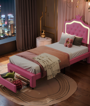 Gestoffeerd Kinderbed met Kroonhoofdbord, LED Verlichting en Opberglades