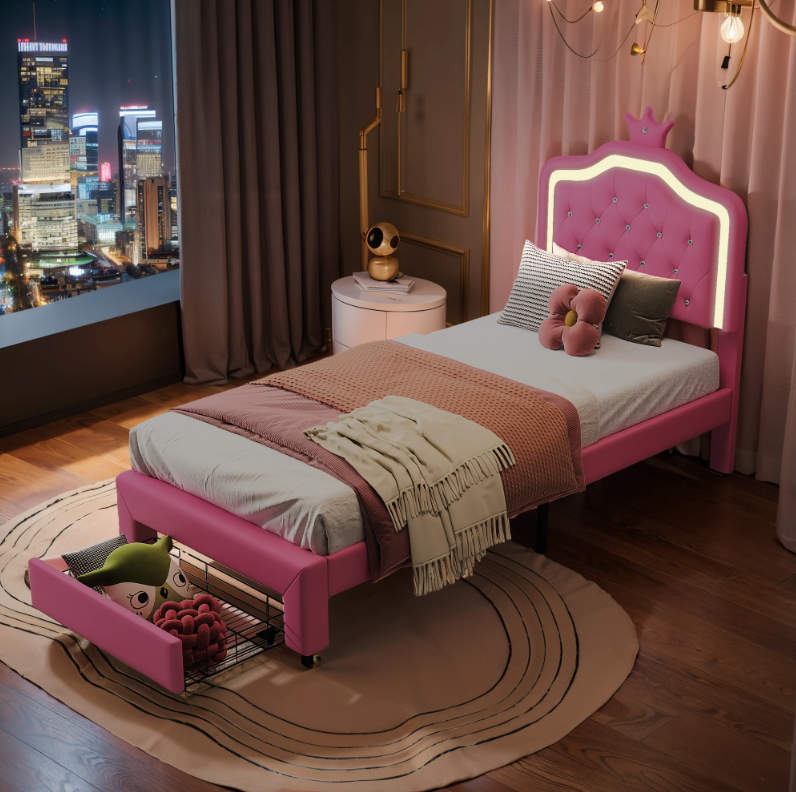 Gestoffeerd Kinderbed met Kroonhoofdbord, LED Verlichting en Opberglades