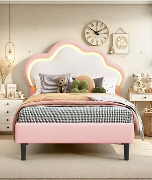 Gestoffeerd Kinderbed 90×200 cm met Kroonhoofdbord, LED Verlichting en Lade