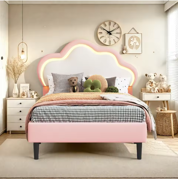 Gestoffeerd Kinderbed 90×200 cm met Kroonhoofdbord, LED Verlichting en Lade