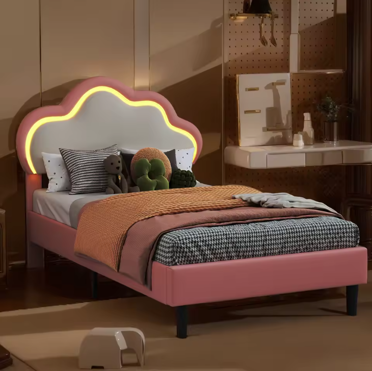 Gestoffeerd Kinderbed 90×200 cm met Kroonhoofdbord, LED Verlichting en Lade