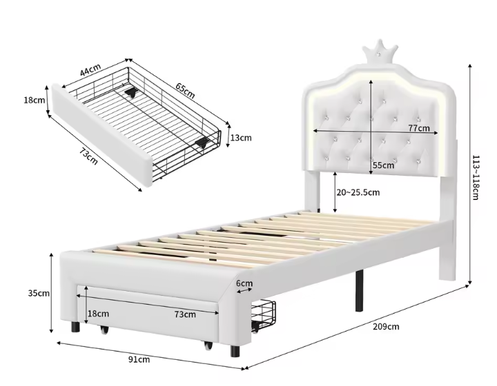Gestoffeerd Kinderbed 90×200 cm met Kroonhoofdbord, LED Verlichting en Lade