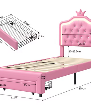 Gestoffeerd Kinderbed 90×200 cm met Kroonhoofdbord, LED Verlichting en Lade