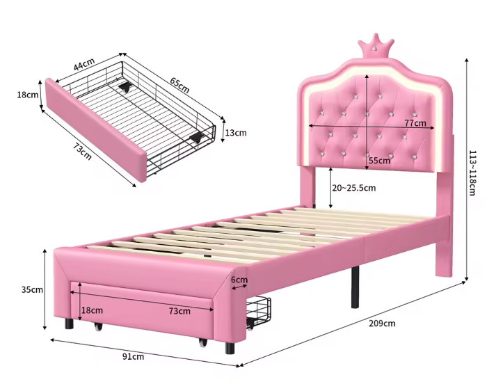 Gestoffeerd Kinderbed 90×200 cm met Kroonhoofdbord, LED Verlichting en Lade
