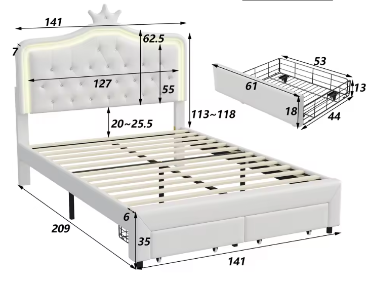 Gestoffeerd Kinderbed 90×200 cm met Kroonhoofdbord, LED Verlichting en Lade