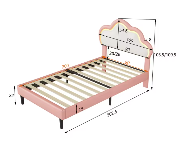Gestoffeerd Kinderbed 90×200 cm met Kroonhoofdbord, LED Verlichting en Lade