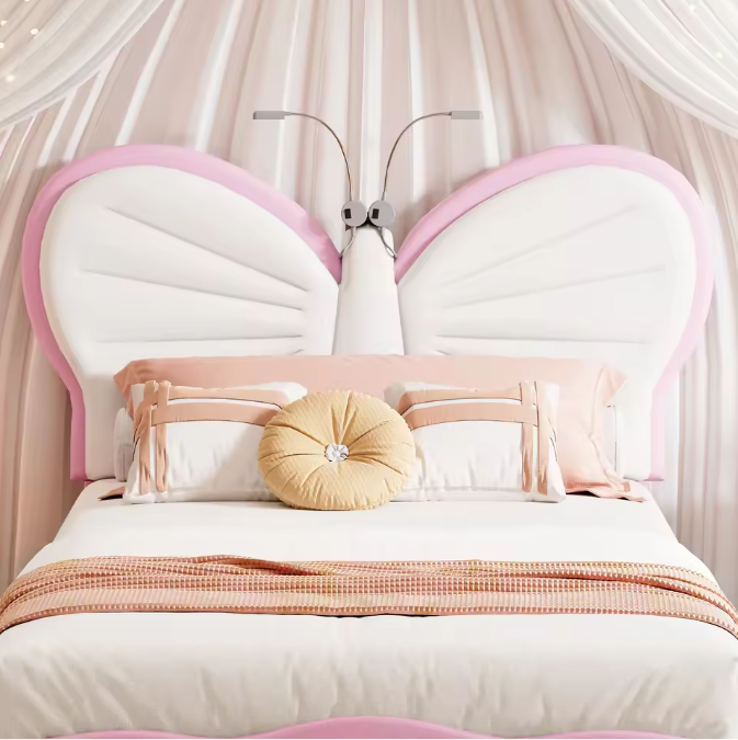 Gestoffeerd Kinderbed 90×200 cm met Vlinderhoofdbord en LED Leeslicht