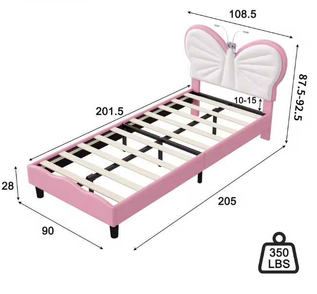 Gestoffeerd Kinderbed 90×200 cm met Vlinderhoofdbord en LED Leeslicht