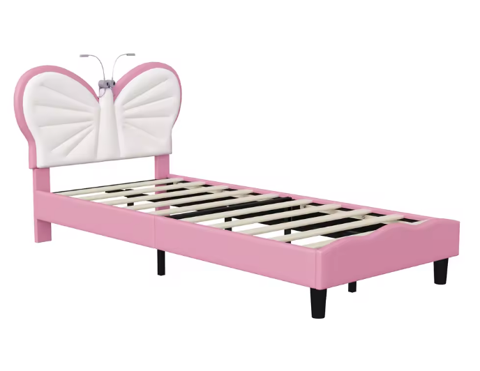 Gestoffeerd Kinderbed 90×200 cm met Vlinderhoofdbord en LED Leeslicht