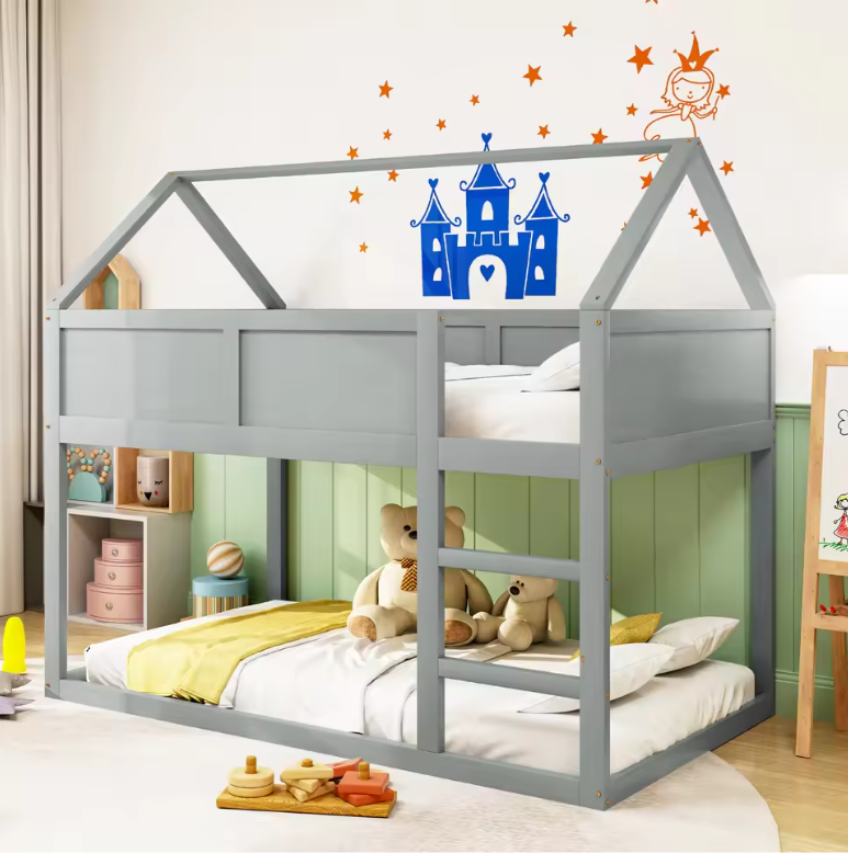 Laag Stapelbed voor Kinderen 90×200 cm met Trap, Massief Houten Frame