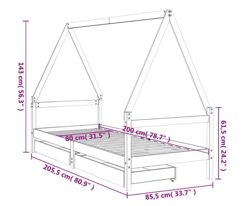 Houten Kinderbed 80×200 cm met Huisframe en Opberglades