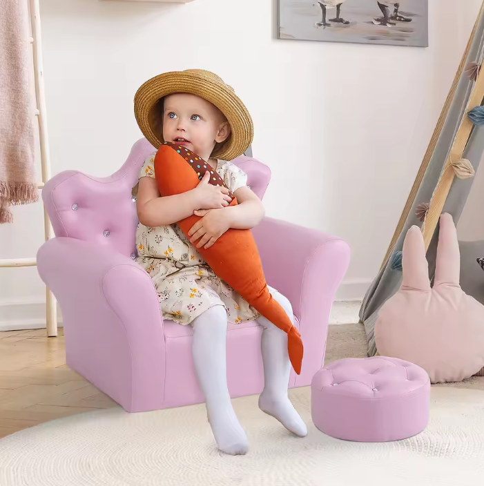 Kinderfauteuil met Voetsteun – Kroonvormige Kinderbank met Hoge Rug