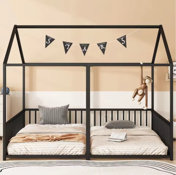 Metalen Kinderbed in Huisvorm 90×200 cm met Valbeveiliging, Dubbel Ontwerp