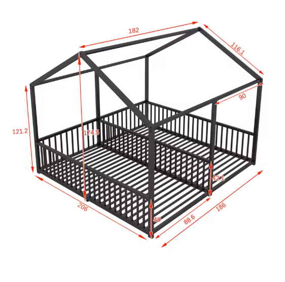 Metalen Kinderbed in Huisvorm 90×200 cm met Valbeveiliging, Dubbel Ontwerp