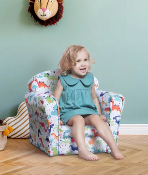 Kinderfauteuil met Dino Print – Zachte Gewatteerde Kinderstoel voor Peuters vanaf 18 Maanden