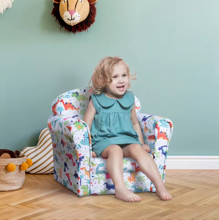 Kinderfauteuil met Dino Print – Zachte Gewatteerde Kinderstoel voor Peuters vanaf 18 Maanden