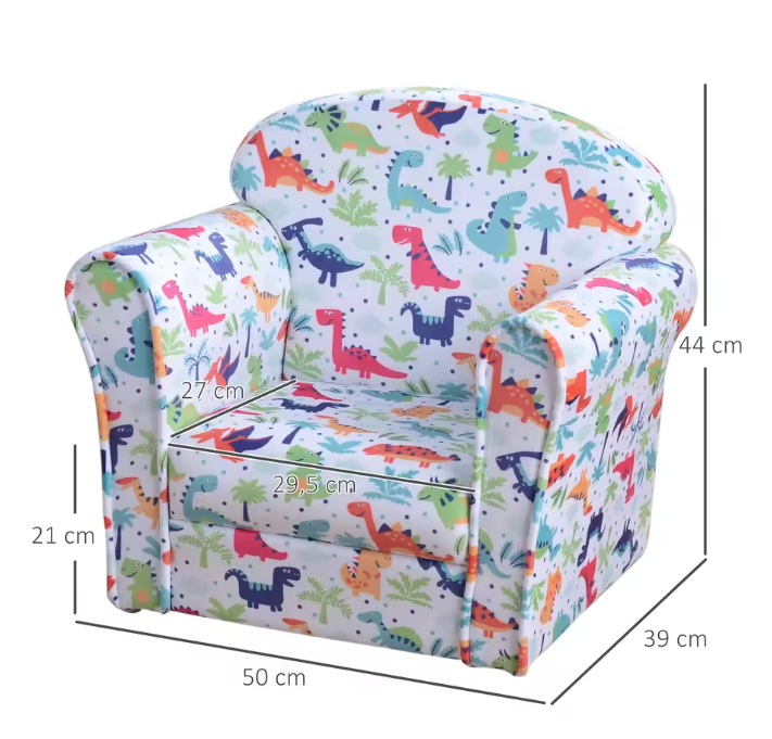 Kinderfauteuil met Dino Print – Zachte Gewatteerde Kinderstoel voor Peuters vanaf 18 Maanden