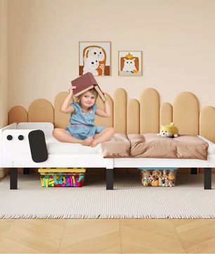 Gestoffeerd Kinderbed met Puppy Hoofdbord – 90 × 200 cm, Comfortabel en Veilig Jeugdbed