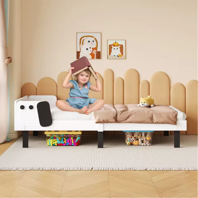Gestoffeerd Kinderbed met Puppy Hoofdbord – 90 × 200 cm, Comfortabel en Veilig Jeugdbed