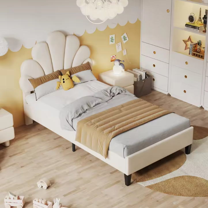 Gestoffeerd Kinderbed met Bloemvormig Hoofdbord – Fluwelen Jeugdbed 90 × 200 cm