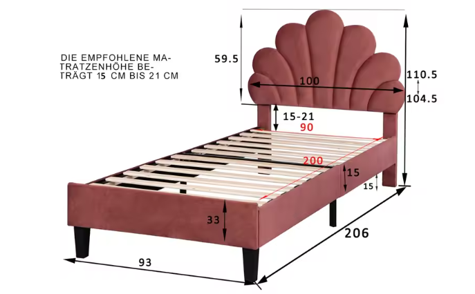 Gestoffeerd Kinderbed met Bloemvormig Hoofdbord – Fluwelen Jeugdbed 90 × 200 cm