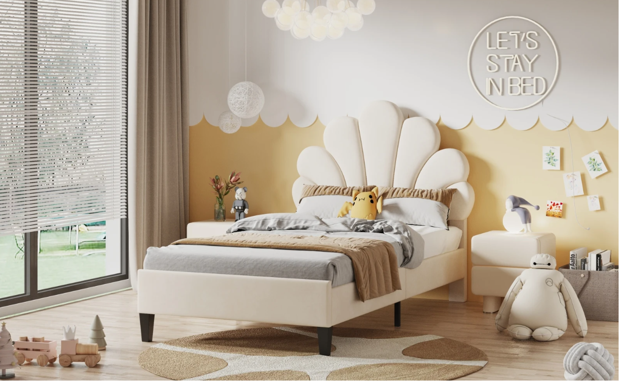 Gestoffeerd Kinderbed met Bloemvormig Hoofdbord – Fluwelen Jeugdbed 90 × 200 cm