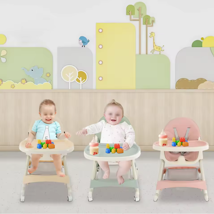Opvouwbare Baby Kinderstoel met Wielen – Verstelbaar, Dubbele Eettray en 5-Punts Gordel
