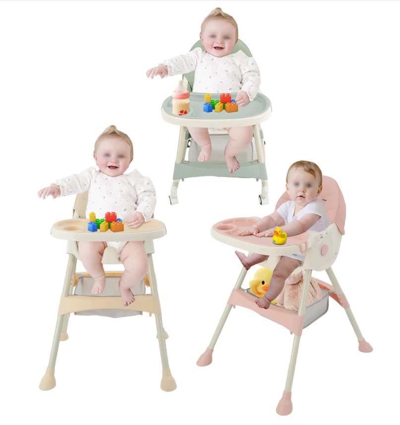 Opvouwbare Baby Kinderstoel met Wielen – Verstelbaar, Dubbele Eettray en 5-Punts Gordel