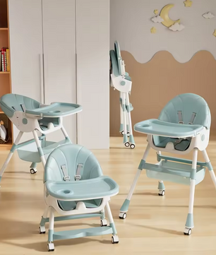 Multifunctionele Baby Kinderstoel – Verstelbaar, Opvouwbaar met Wielen en Dubbele Eettray