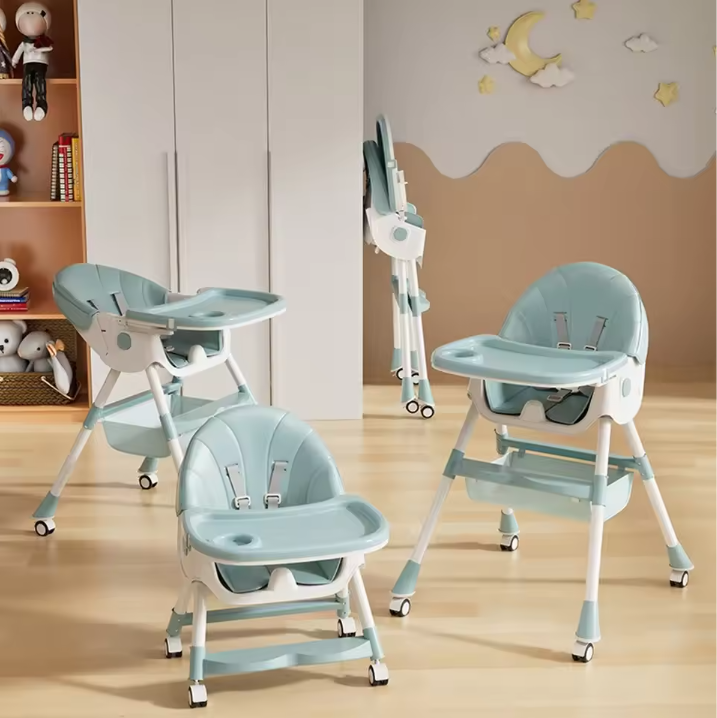 Multifunctionele Baby Kinderstoel – Verstelbaar, Opvouwbaar met Wielen en Dubbele Eettray