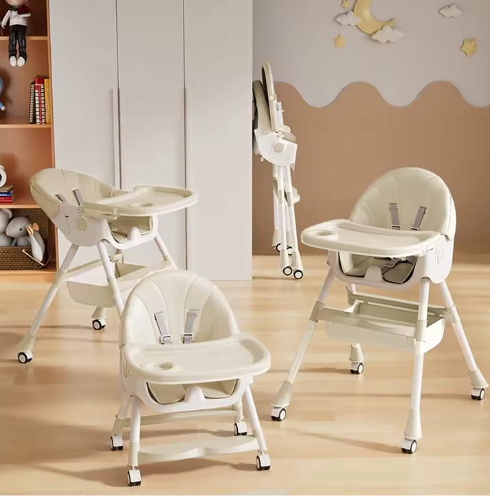 Multifunctionele Baby Kinderstoel – Verstelbaar, Opvouwbaar met Wielen en Dubbele Eettray