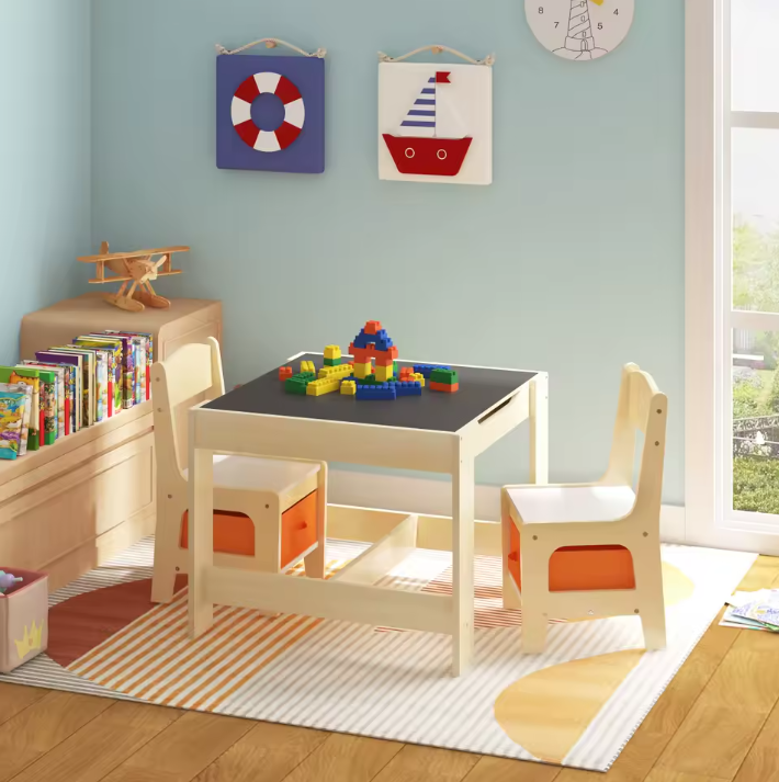 Houten Kindertafel met 2 Stoelen en Opbergruimte – Speel- en Studietafel