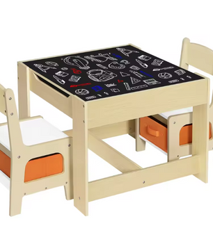 Houten Kindertafel met 2 Stoelen en Opbergruimte – Speel- en Studietafel