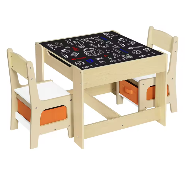 Houten Kindertafel met 2 Stoelen en Opbergruimte – Speel- en Studietafel