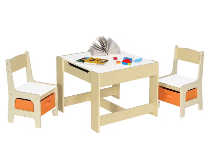 Houten Kindertafel met 2 Stoelen en Opbergruimte – Speel- en Studietafel