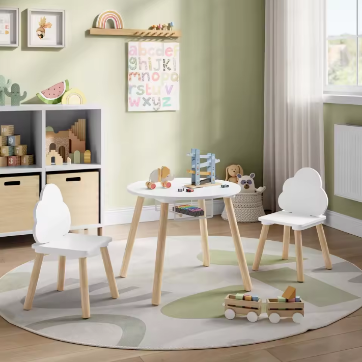 Kindertafel met 2 Stoelen – Wolk Rugleuning en Massief Houten Poten