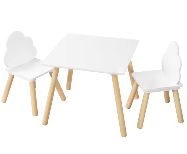 Kindertafel met 2 Stoelen – Wolk Rugleuning en Massief Houten Poten